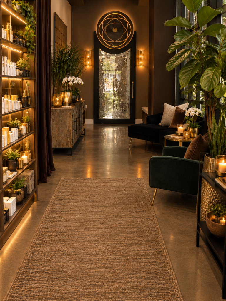 Luxury spa interior and entrance to the private Gold Room at Trü Encompass Beauty in Sacramento
